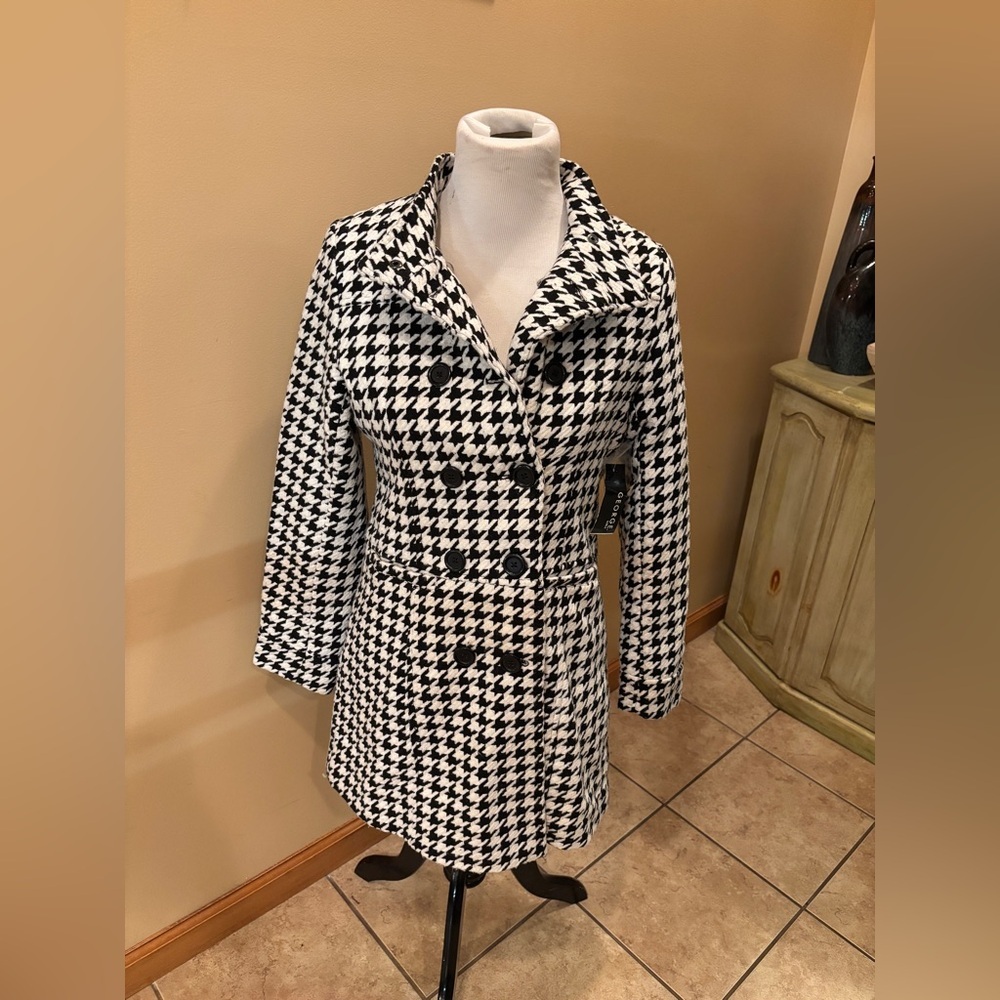 George Houndstooth Pea Coat Double Breasted Black & White Juniors Size XL NWT